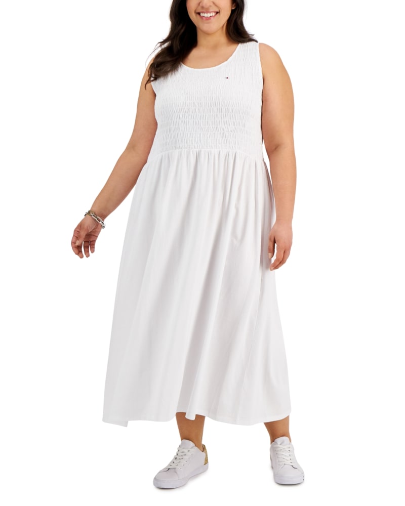 Front of a model wearing a size 3X Tommy Hilfiger Women's Plus Smocked Maxi Dress White Size 3X in White by Tommy Hilfiger. | dia_product_style_image_id:312546
